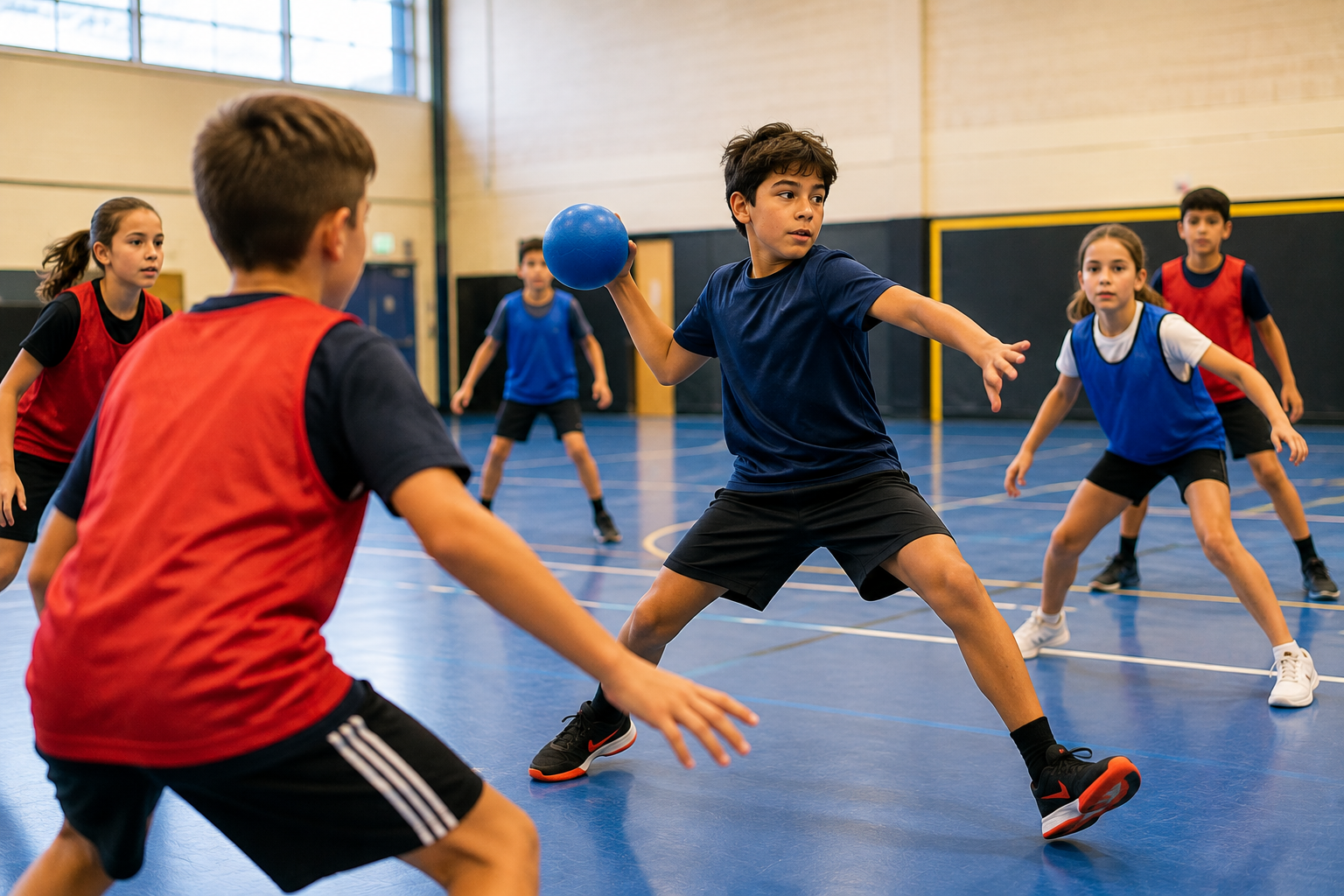 Enfants jouant à la balle américaine dans un gymnase